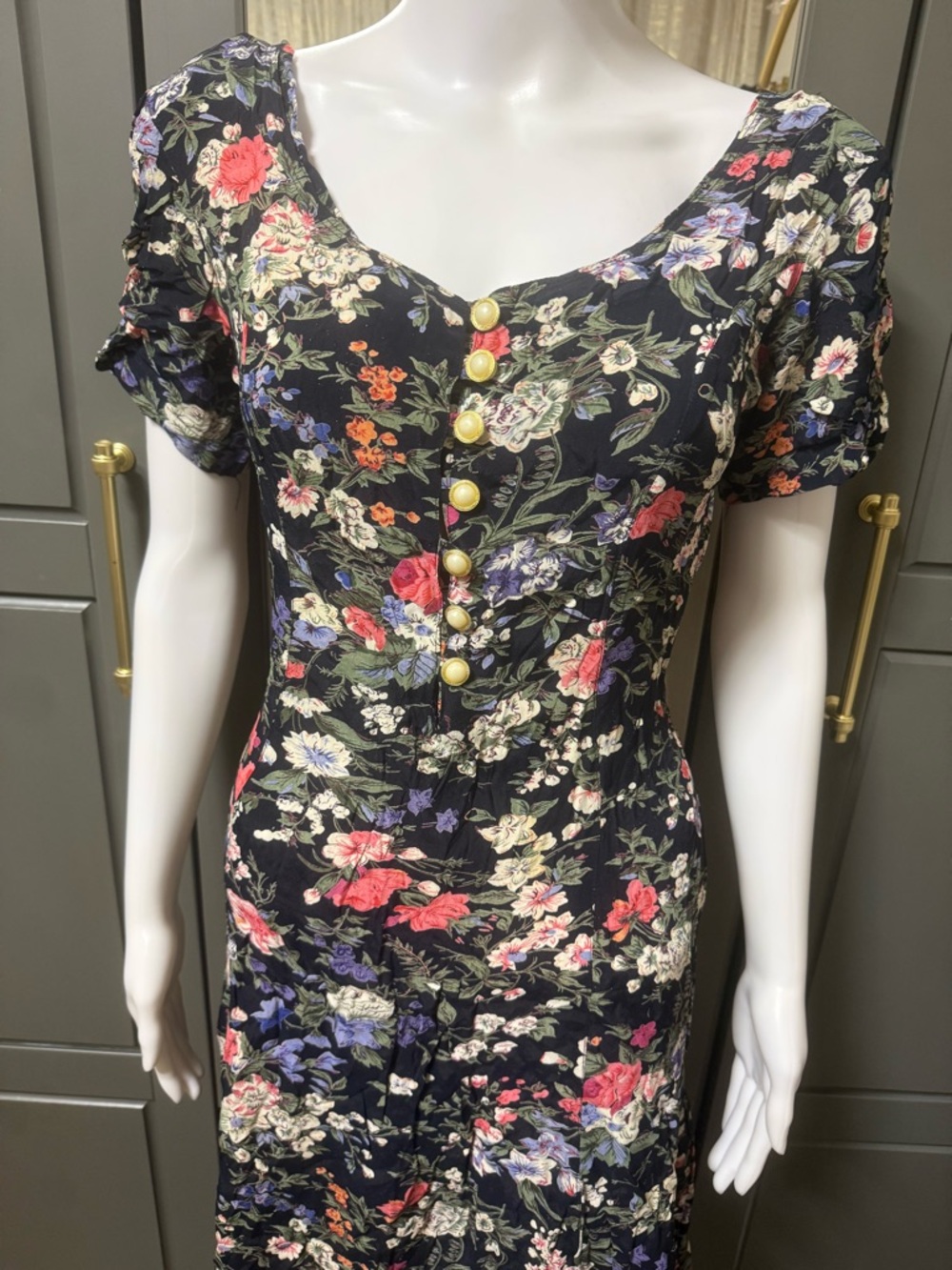 Vintage 90s Bila Cottagecore Maxi Dress -Dark Floral Rayon Boho Whimsygoth - Picture 3 of 12